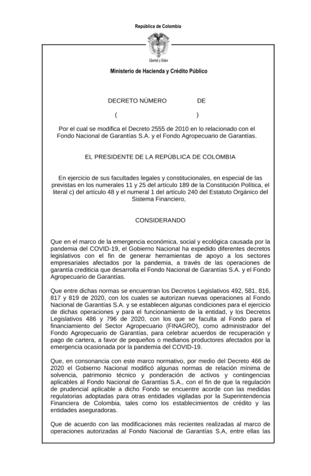 "Por el cual se modifica el Decreto 2555 de 2010 en lo relacionado con el Fondo Nacional de Garantías S.A. y el Fondo Agropecuario de Garantías."