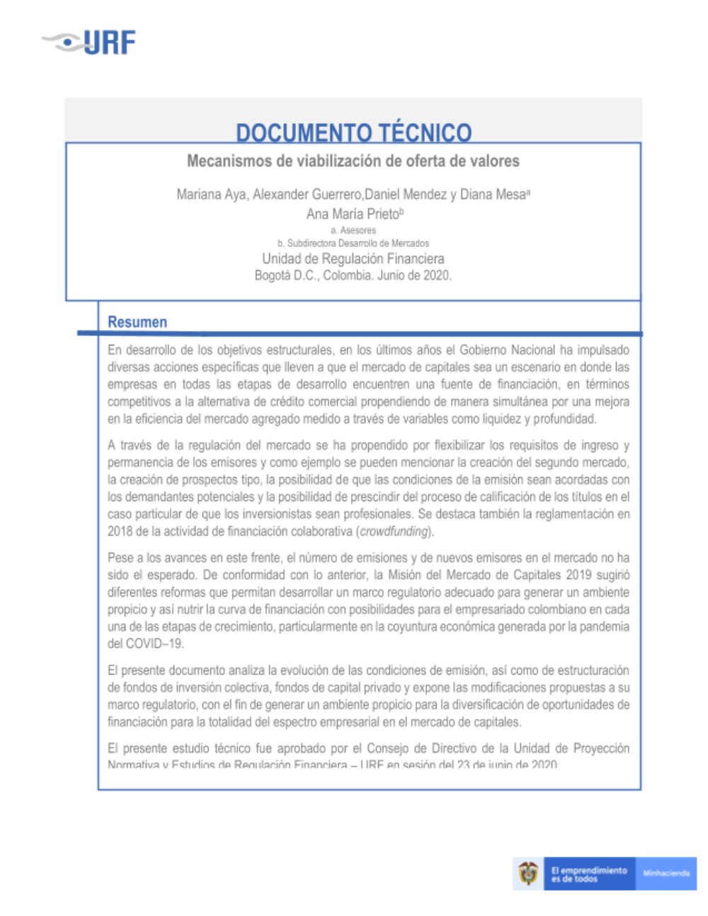 Documento técnico del Decreto 1235 de 2020, por el cual se modifica el Decreto 2555 de 2010 en lo relacionado con las reglas para la emisión en el mercado de valores, se reglamenta el artículo 2 del Decreto Legislativo 817 de 2020 y se dictan otras disposiciones
