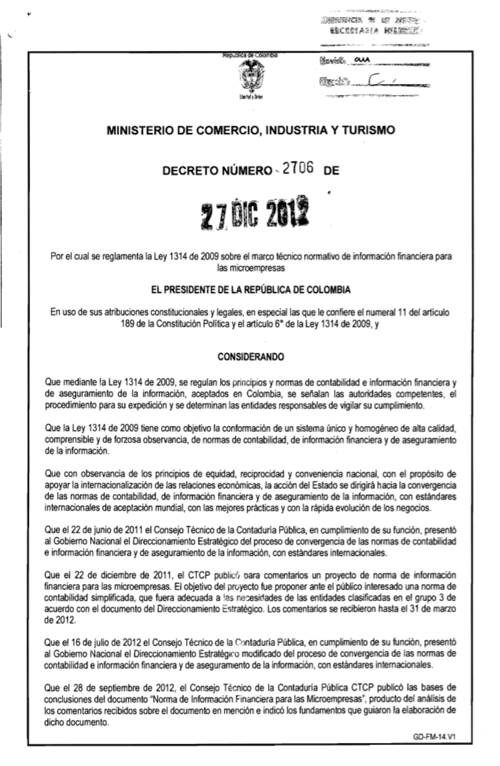 "Por el cual se reglamenta la Ley 1314 de 2009 sobre el marco técnico normativo de información financiera para las microempresas."