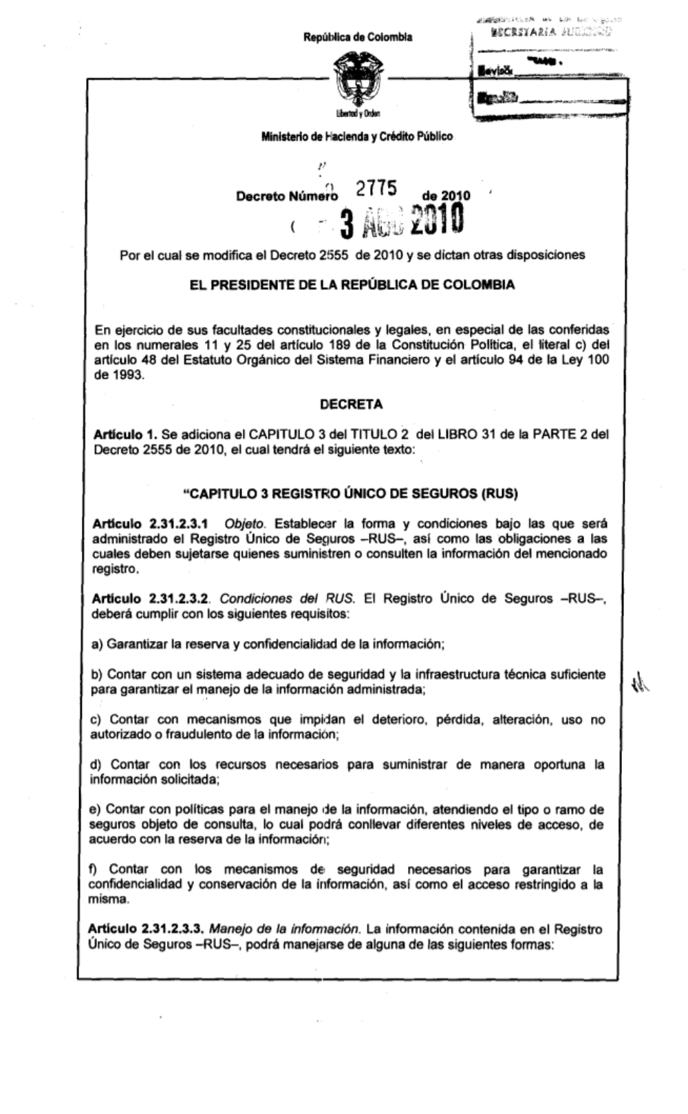 "Por el cual se modifica el Decreto 2555 de 2010 y se dictan otras disposiciones."