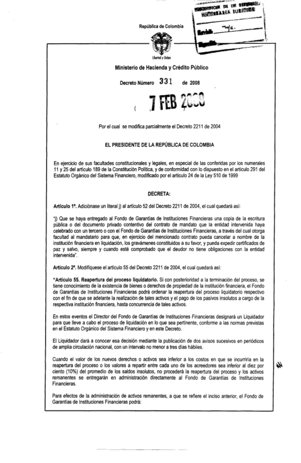 "Por el cual se modifica parcialmente el Decreto 2211 de 2004."