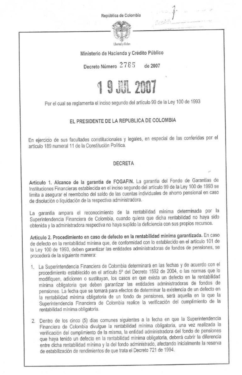 "Por el cual se reglamenta el inciso segundo del artículo 9 de la Ley 100 de 1993."
