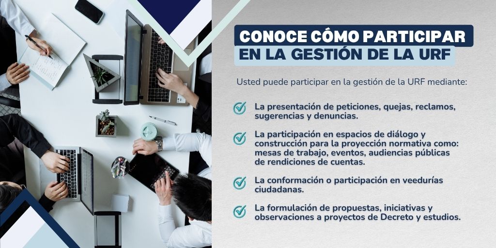 Banner informativo sobre cómo participar en la gestión de la URF. A la izquierda, una foto de personas trabajando con laptops. A la derecha, el título dice 