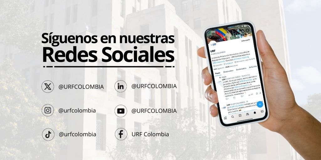 Imagen que invita a seguir a la URF en redes sociales. De fondo se ve la fachada de un edificio institucional. A la izquierda, el título 