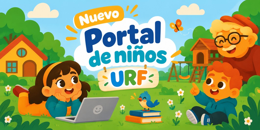 Ilustración infantil de un parque con árboles, flores, una casa y una zona de juegos, acompañada por tres personajes. En el centro se lee “Nuevo Portal de niños – URF”.