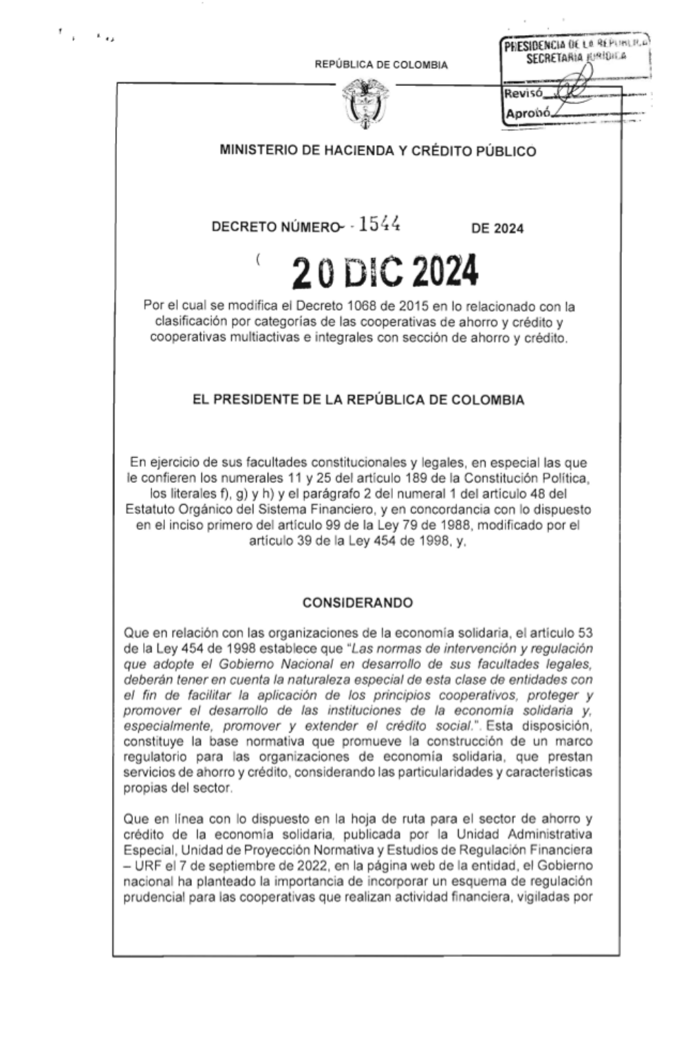 "Por el cual se modifica el Decreto 1068 de 2015 en lo relacionado con la clasificación por categorías de las cooperativas de ahorro y crédito y cooperativas multiactivas e integrales con sección de ahorro y crédito."