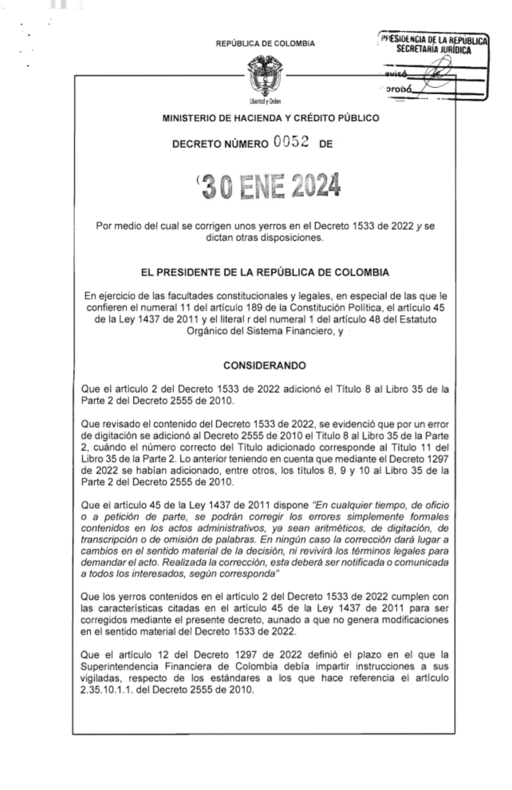“ Por medio del cual se corrigen unos yerros en el Decreto 1533 de 2022 y se dictan otras disposiciones"