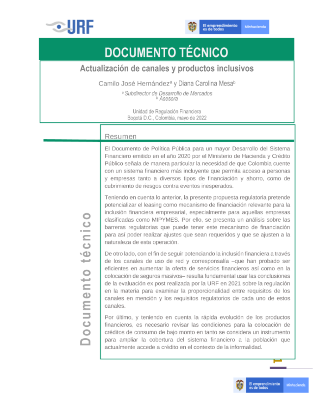 Documento técnico del decreto 1459 de 2022, por medio del cual se modifica el Decreto 2555 de 2010 en lo relacionado con el leasing, el crédito de bajo monto, el contrato de uso de red y se dictan otras disposiciones