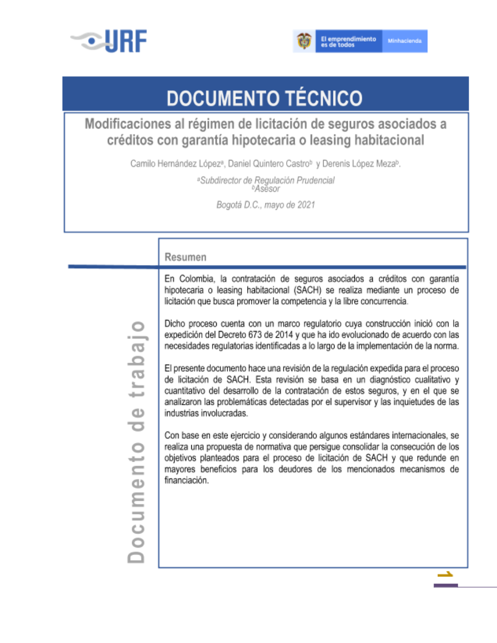 Documento técnico del decreto 1084 de 2021 "por el cual se modifica el decreto 2555 de 2010 en los relacionado con las normas aplicables a las instituciones financieras que actúen como tomadoras de seguros por cuenta de sus deudores"